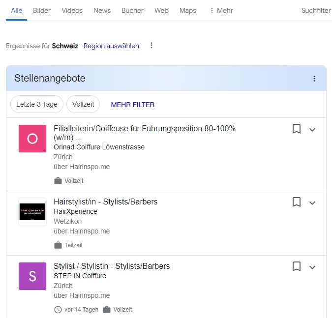 Hairinspos Schnittstelle für Coiffeur Jobs zu Google