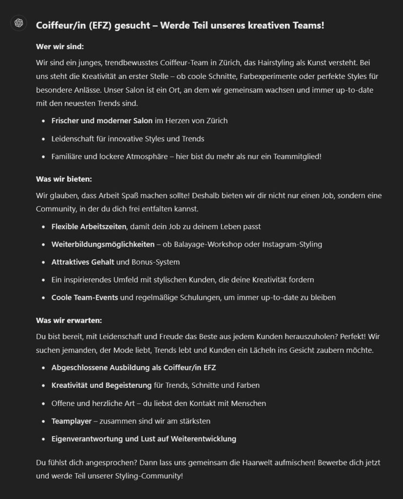So ersellst du als Coiffeur oder Friseur mit ChatGPT ein Job Inserat